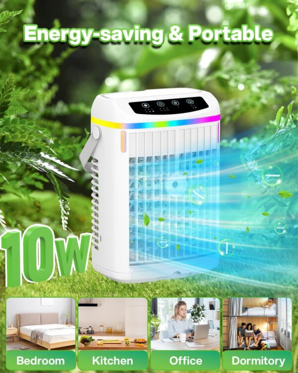 Portable Air Conditioner with Remote, 7 Colored Lights, 4 in 1 Mini Portable Air Cooler with 3 Speeds, Auto-off Timer 6H, Ideal for Home/Bedroom/Dorm/Office - Image 7