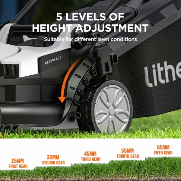 Litheli Cordless Lawn Mower, 33 cm Cutting Width, Brushless Motor, 5 Heights Adjustment, 30L Grass Box, 20V Foldable Lightweight battery lawnmower for Lawns up to 500㎡, Incl. 4Ah Battery - Image 3