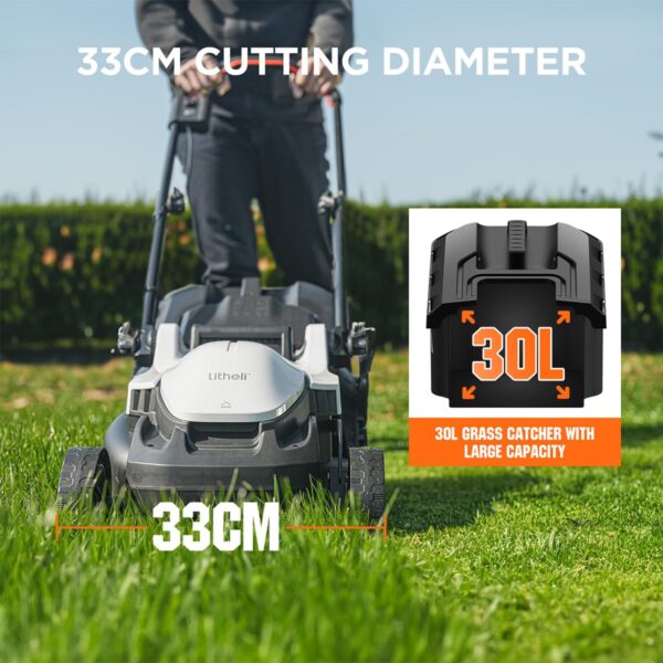 Litheli Cordless Lawn Mower, 33 cm Cutting Width, Brushless Motor, 5 Heights Adjustment, 30L Grass Box, 20V Foldable Lightweight battery lawnmower for Lawns up to 500㎡, Incl. 4Ah Battery - Image 5