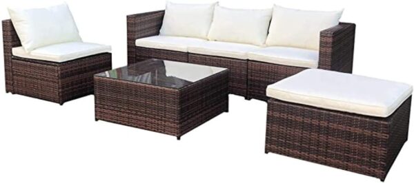 EVRE Miami Brown Outdoor Rattan Garden Furniture Set for Patio Conservatories with 5 seat Modular Sofa Glass Top Coffee Table Foot Stool Cushions and Fade Resistance - Image 8