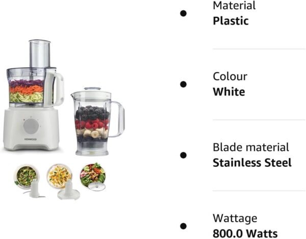 Kenwood Food Processor, 2.1L Bowl, 1.2 L Blender, Emulsifying, Knife Blade, Reversible Slicing and Grating Discs, 800 W, FDP301WH, White [Energy Class A] - Image 14