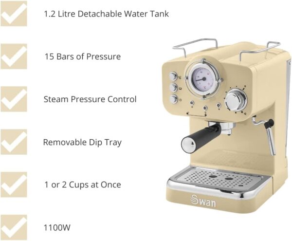 Swan SK22110CN Retro Espresso Coffee Machine with Milk Frother, Steam Pressure Control, 1.2L Detachable Water Tank, 1100W, Retro Cream - Image 3