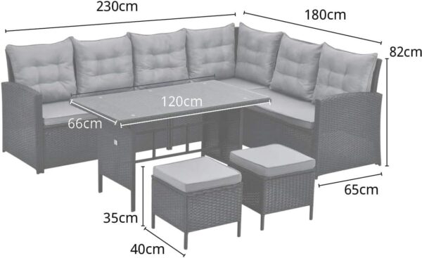 EVRE Monroe Black Outdoor 8 Seat Wicker Rattan Garden Furniture Dining Set Cushioned Classic Corner Sofa Chair Glass Top Table and Footrest for Patios Conservatories Rectangular - Image 5