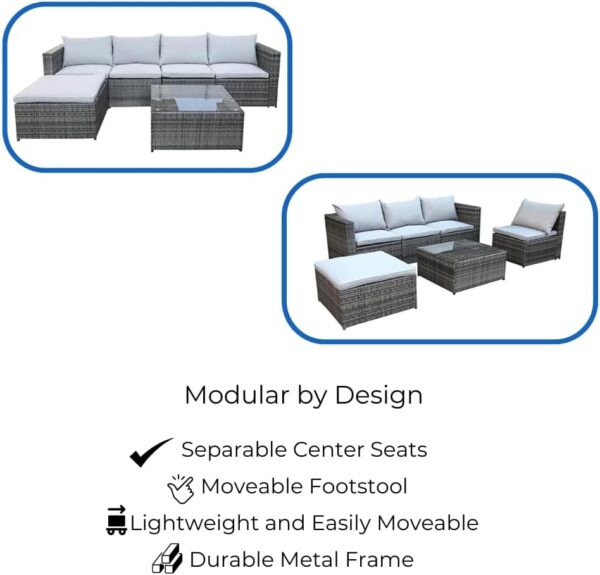 EVRE Rattan Outdoor Garden Furniture Set Grey MIAMI Sofa, Coffee Table, Foot Stool Rattan - Image 7