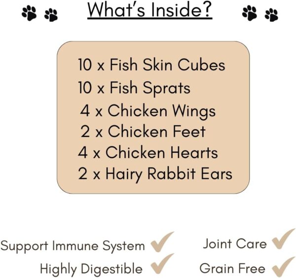 Natural Dog Treat Box Including 32 Natural Dog Chews and Treats. Rabbit Ears, Dried Sprats, Chicken Feet & Wings, Fish Cubes & Chicken Hearts or Bites. Suitable for Small, Medium and Large Adult Dogs. - Image 3