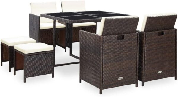 vidaXL Outdoor Dining Set 9 Piece with Cushions Rattan Dining Room Set Garden Furniture Patio Dinner Table and Chairs Poly Rattan Brown - Image 2