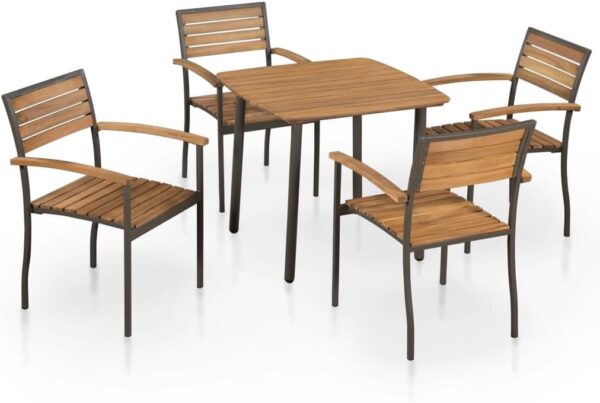 vidaXL 5 Piece Outdoor Dining Set - Solid Acacia Wood and Sturdy Steel - Rustic Charm, Space Saving Design, Brown - Image 2