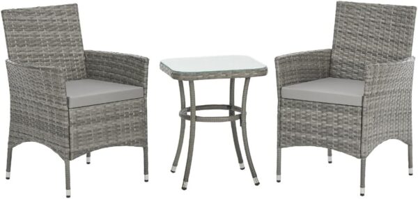 EVRE Copenhagen Outdoor Rattan Garden Bistro Set 3 Piece Wicker Table and Chairs Furniture with Cushions Glass Top Coffee Table for Conservatories Balcony Patio Poolside and Terrace (Grey) - Image 2