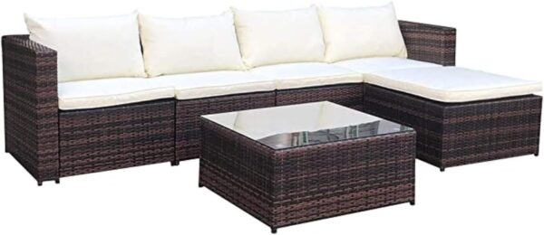 EVRE Miami Brown Outdoor Rattan Garden Furniture Set for Patio Conservatories with 5 seat Modular Sofa Glass Top Coffee Table Foot Stool Cushions and Fade Resistance - Image 2