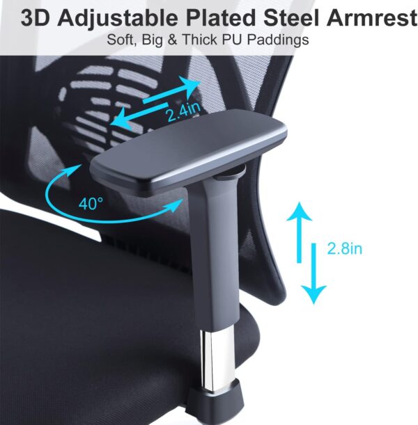 Ticova Ergonomic Office Chair - High Back Desk Chair with Adjustable Lumbar Support, Headrest & 3D Metal Armrest - 130° Rocking Mesh Computer Chair - Image 5