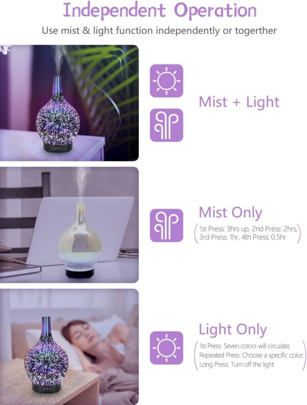 Essential Oil Diffuser Glass Aromatherapy Electric Ultrasonic Cool Mist Aroma Diffuser Scented Oil 3D Firework Diffusers, Whisper Quiet Waterless Auto Shut-Off for Home Office SPA Yoga 120ml - Image 4