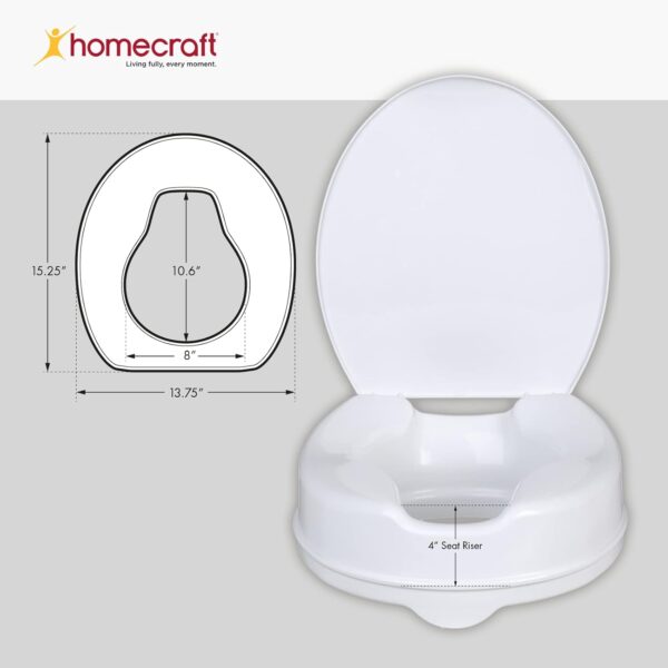 HOMECRAFT Savanah Raised Toilet Seat 4" with Lid, Elongated & Elevated Lock Seat Support for Elderly, Handicapped and Disabled Users, White Colour - Image 7