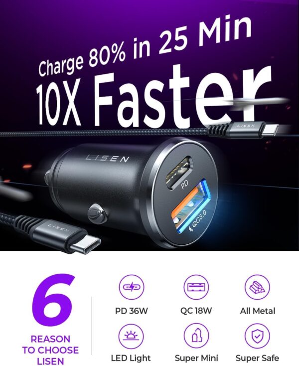 LISEN Car Charger Adapter USB C 54W 12V USB Socket [USB C 36W+USB A 18W] with 60W 3.3ft USB C Cable PD3.0 Car Phone Charger Fast Charge Cigarette Lighter USB Charger for iPhone 15 Pro Max Samsung iPad - Image 3