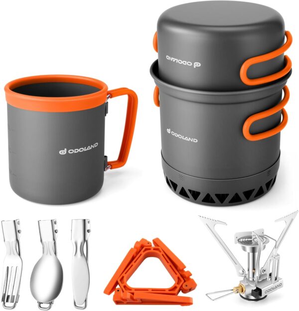 Odoland Upgraded Camping Cookware Set Outdoor Cooking Utensils Aluminium Camping Pot with Burner Mug Foldable Cutlery Mini Camping Stove for Outdoor Picnic Hiking - Image 2