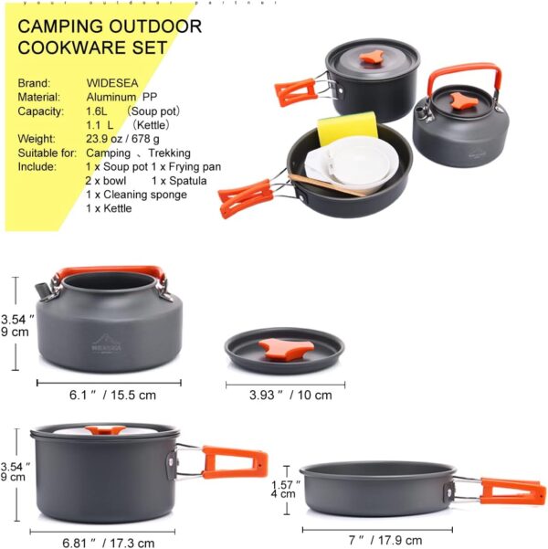 WIDESEA Camping cookware set for 2-3 people Non-Stick frying pan soup pot and kettle Set Mess Kit Hiking/trekking/Picnic outdoor (lightgrey) - Image 3