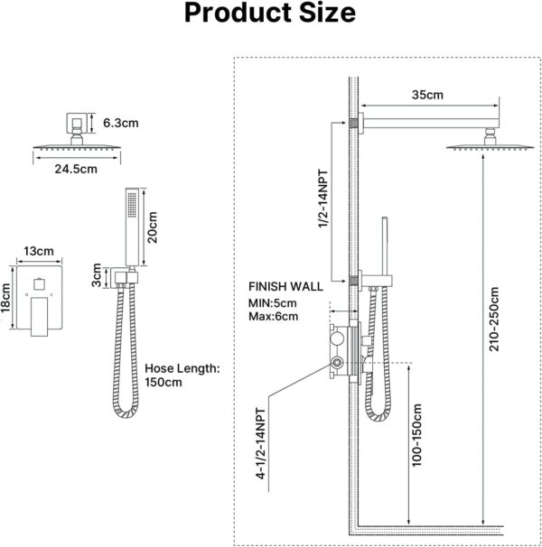 Solepearl Black Shower Set Concealed Shower System, Bathroom Luxury Rain Shower Mixer Combo Set with 10-Inch Shower Head, Rough-in Valve Body, Handheld Spray Head, Stainless Steel & Brass - Image 7