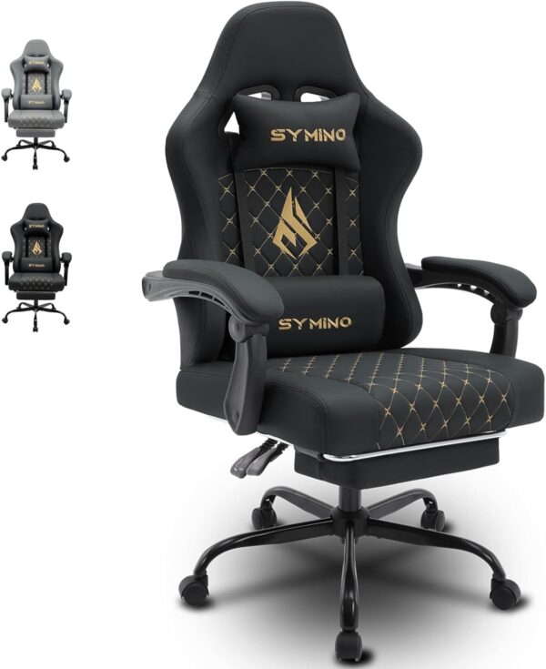 Symino Gaming Chair with Footrest, Computer Ergonomic Video Game Chair, Adjustable Swivel Task Chair with Lumbar Support, PC Chair, Office Chair PU Leather, Black - Image 2