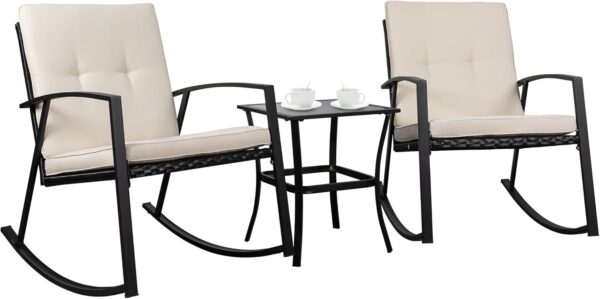 Shintenchi 3 Pieces Rocking Bistro Set Wicker Patio Outdoor Furniture, 2 Rattan Porch Chairs Conversation Sets with Glass Coffee Table (Beige) - Image 2