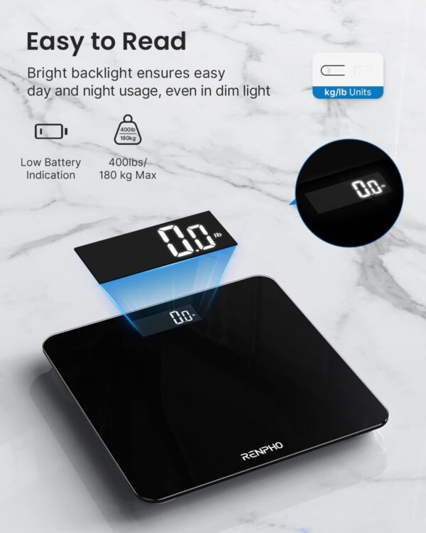 RENPHO Digital Bathroom Scales for Body Weight, Weighing Scale Electronic Bath Scales with High Precision Sensors Accurate Weight Machine for People, LED Display, Step-On, Black, Core 1S - Image 4