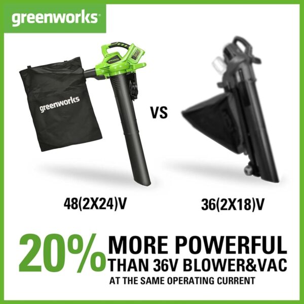 Greenworks 48V(2x24V) Cordless Leaf Blower and Vacuum with 45L Mulching Bag & Shoulder Strap, 322km/h ,9m³/min, Two 24V 4Ah Batteries & double Charger, 3 Year Guarantee GD24X2BVK4X - Image 4