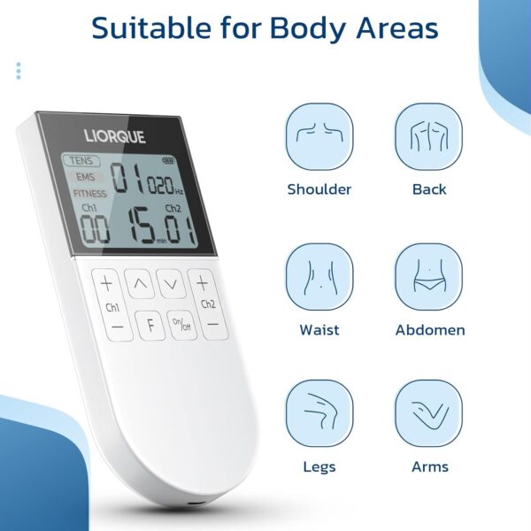 LIORQUE TENS Machine for Pain Relief, Dual Channel TENS Unit EMS Muscle Stimulator with 50 Modes, Rechargeable TENS with 10 TENS Machine Pads Replacement - Image 7