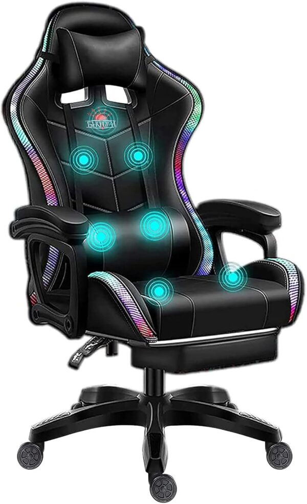 Gaming Chair with LED Light/Video Gaming Chair with Massage and Footrest, with Bluetooth Speakers Adjustable Armrest PU Leather PC Computer Desk Chair, Adjustment ​of Backrest,Black - Image 2