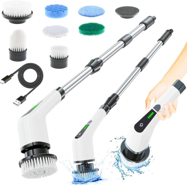 Electric Spin Scrubber, Upgraded Cordless Cleaning Brush wDrill Brush Heads, Tub and Floor Tile 360 Power Scrubber Mop with Adjustable Handle for Bathroom Kitchen Car (White) - Image 2