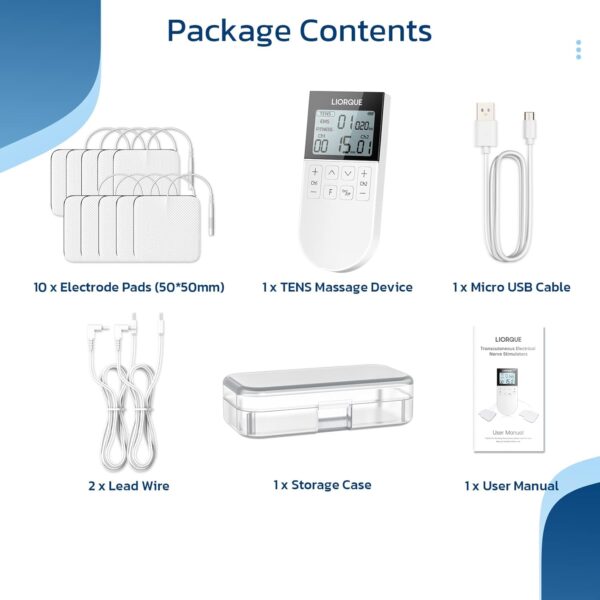 LIORQUE TENS Machine for Pain Relief, Dual Channel TENS Unit EMS Muscle Stimulator with 50 Modes, Rechargeable TENS with 10 TENS Machine Pads Replacement - Image 9