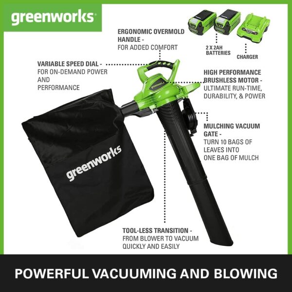 Greenworks GD40BVK2X Cordless Leaf Blow Vac with Brushless Motor, 280km/h, 9.63m³/min, 45L Mulching Bag , Two of 40V 2Ah Batteries & Charger, 3 Year Guarantee - Image 3