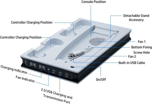 Mcbazel Vertical PS5 Cooling Charger Stand, Multifunctional LED Cooling Stand with Dual Controller Charging Station for PS5 Console UHD/Digitial Edition - White - Image 5