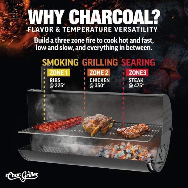 Char-Griller® Patio Pro Charcoal Grill and Smoker with Cast Iron Grates, Premium Metal Shelf and Damper Control, 250 Cooking Square Inches in Black, Model 1616 - Image 8