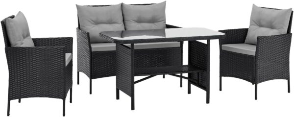 EVRE Anthracite Florence Garden Rattan Furniture Set 4 Piece Seat 1 Sofa 2 Chair Dining Outdoor Conservatory Wicker Weave Lounge Sofa and Glass Top Table with Cushions - Image 3