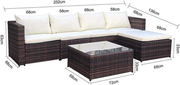 EVRE Miami Brown Outdoor Rattan Garden Furniture Set for Patio Conservatories with 5 seat Modular Sofa Glass Top Coffee Table Foot Stool Cushions and Fade Resistance - Image 5