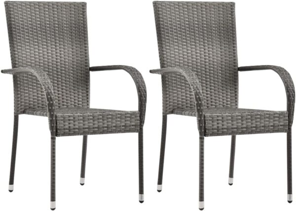 vidaXL Stackable Outdoor Dining Chairs - Grey Poly Rattan | Set of 2 | Lightweight & Space-Saving | Ideal for Patio/Terrace/Garden | Easy Assembly - Image 2