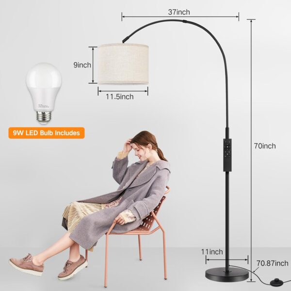 OUTON Arc Floor Lamp with Remote Control, 4 Colour Temperature Dimmable Modern Floor Standing Lamp, 70″ Tall Lamps for Living Room, Bedroom or Office, 9W LED Bulb Included, Black(with UK Plug) - Image 8