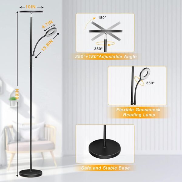 LED Floor Lamp, 4200LM 42W Bright Standing Lamp with Gooseneck Reading Light, 2700K-6500K Stepless Dimming Modern Torchiere Lamp with Remote/Touch Control, 69" Tall Lamp for Living Room Bedroom Office - Image 9