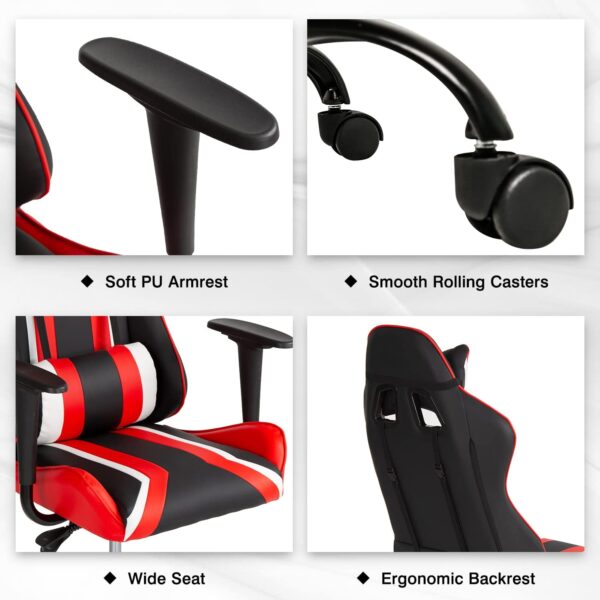 Gaming Chair Racing Desk Chair Ergonomic Office Chair Executive High Back PU Leather Computer Chair with Lumbar Support Task Rolling Swivel Chair for Men Teens Adults (Red) - Image 6