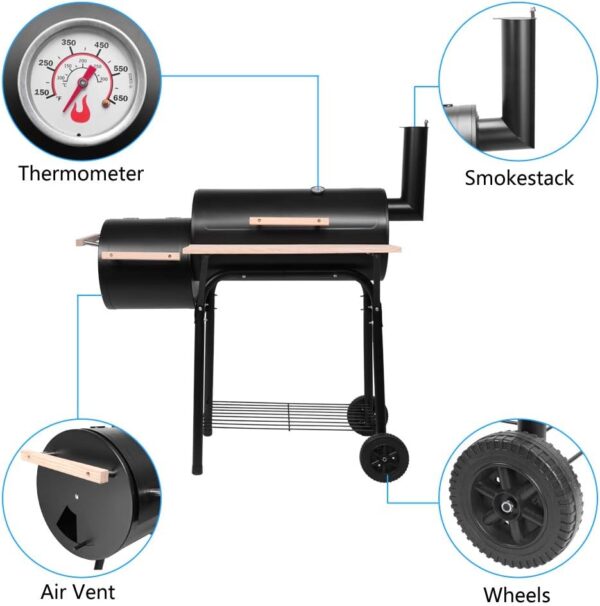 Outvita BBQ Charcoal Grill, Outdoor Patio Barbecue Cooker with Offset Smoker, Wheels and Tray for Balcony Picnics, Party and Camping - Image 4