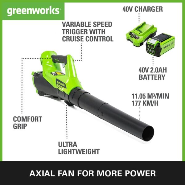 Greenworks Cordless Leaf Blower with Cruise Control, Lightweight Axial Leaf Blower 177km/h 11.05m3/min, 40V 2Ah Battery & Charger, Electric Leaf Blower Cordless Garden Blower, 3 Year Guarantee G40ABK2 - Image 3