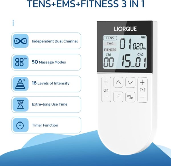 LIORQUE TENS Machine for Pain Relief, Dual Channel TENS Unit EMS Muscle Stimulator with 50 Modes, Rechargeable TENS with 10 TENS Machine Pads Replacement - Image 4