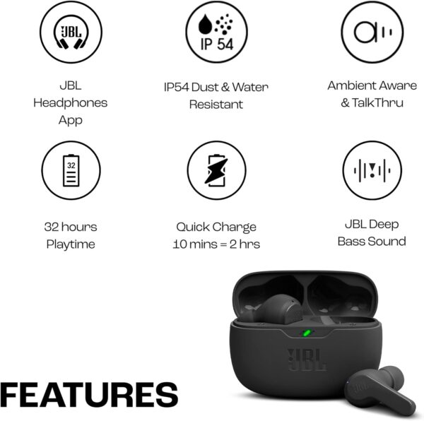 JBL Wave Beam, In-Ear Wireless Earbuds with IP54 and IPX2 Waterproofing, Hands-Free Calling and 32 Hours Battery Life, in Black - Image 3