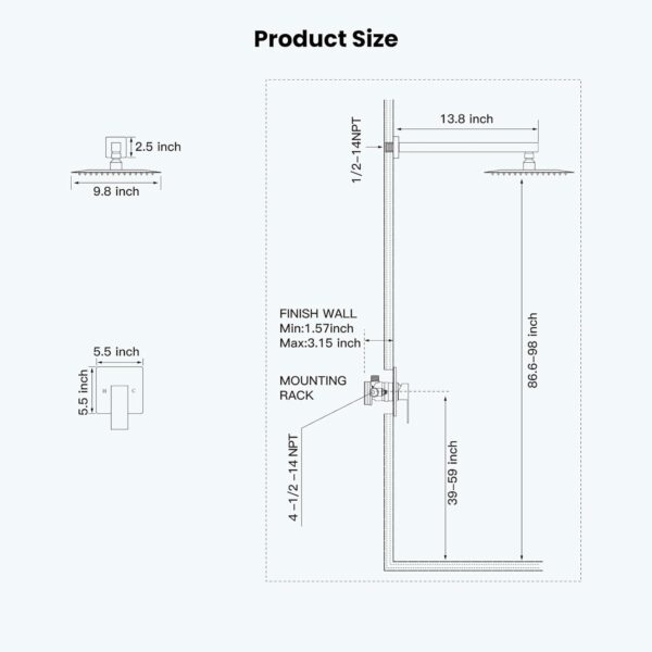 gotonovo Wall Mounted Chrome Polished Shower System Set with 10 inch Square Shower Head with Single Handle with Single Function Shower Trim Kit with Pressure Balance Rough-in Brass Valve(Male Thread) - Image 7