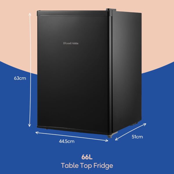 Russell Hobbs Table Top Larder Mini Fridge 66L Capacity, Quiet Running 41dB, Reversible Door & Adjustable Feet, 0 to 8 Degrees Manual Temperature Control, Black RH67TTLF0E1B - Image 3