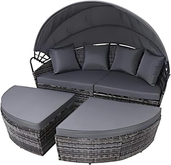 EVRE Bali Mixed Grey 3 Piece Modular Round Rattan Wicker Patio Garden Furniture Daybed Sun Lounger Set with Extendable Canopy and Conversation Seat Cushions - Image 3