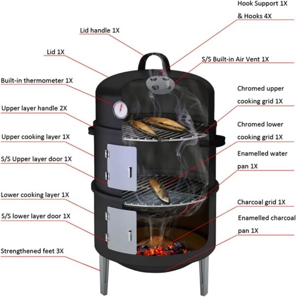 SUNLIFER Charcoal BBQ Grill, Heavy Duty 3-in-1 Barbecue Smoker Grill for Garden Camping Outdoor Cooking and Grilling 89x56x43CM - Image 5