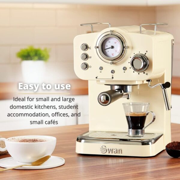 Swan SK22110CN Retro Espresso Coffee Machine with Milk Frother, Steam Pressure Control, 1.2L Detachable Water Tank, 1100W, Retro Cream - Image 6