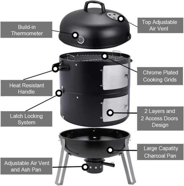 SUNLIFER BBQ Charcoal Smoker Grill, 3-in-1 Heavy Duty Barbecue Grill for Garden Camping Outdoor Cooking 105x63x52.5CM - Image 3