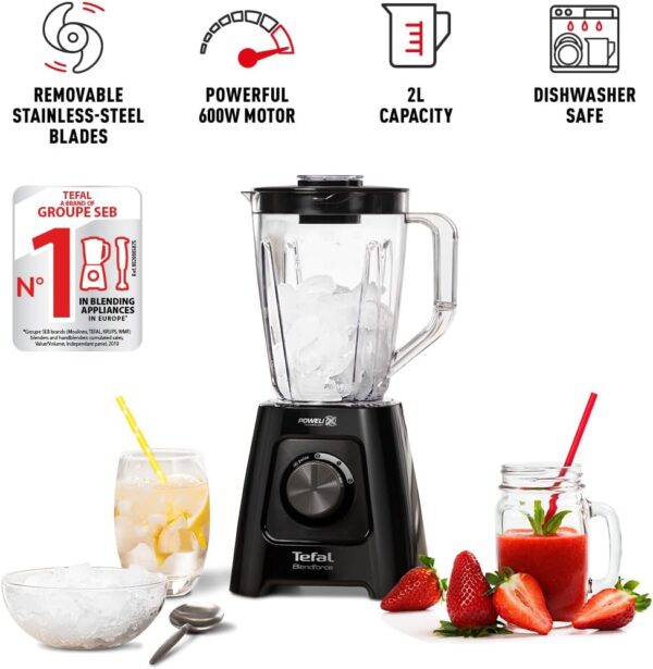 Tefal Blendforce II Blender, 2L Plastic Jug, 1.25L Effective Capacity, 600W, 4 Removable Stainless Steel Blades, Smoothie Blender, Ice Crush, 2 Speeds + Pulse Kitchen Blender, Black, BL420840 - Image 3