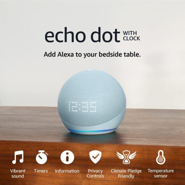 Echo Dot with clock (5th generation, 2022 release) | Bigger vibrant sound Wi-Fi and Bluetooth smart speaker and Alexa | Cloud Blue - Image 2