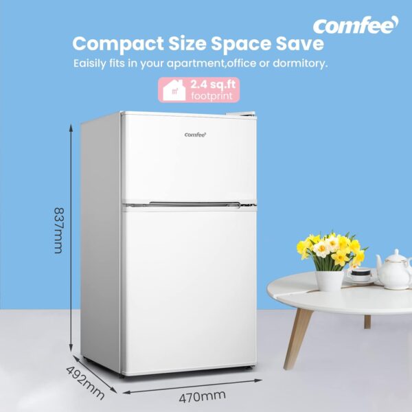 COMFEE' RCT87WH2(E) Under Counter Fridge Freezer, 87L Small Fridge Freezer with Light, Removable Shelves, Adjustable Thermostats, Reversible Doors,White - Image 4